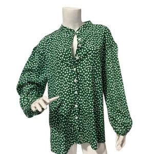 Green Floral Button Down Blouse Long Lantern Sleeve Mandarin Collar Daisy Top